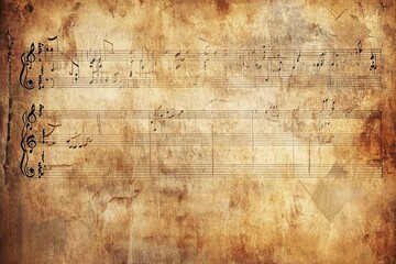 Selective focus close-up of vintage music notes scattered on a table, in a retro style