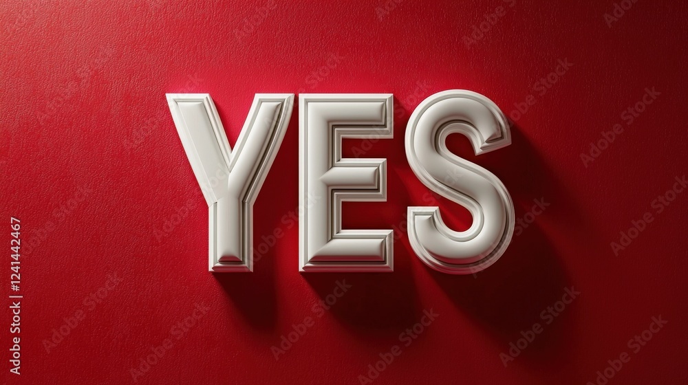 Poster bold 3d white text saying yes on a red background with high resolution and vibrant colors
