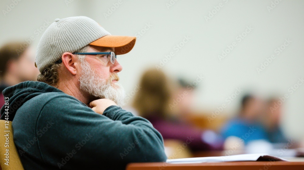 Poster man with beard listening attentively in classroom setting during educational session or lecture
