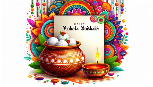 illustration of "Happy Pohela Boishakh" with a colorful traditional Bangladeshi national holiday background and empty space for text.
