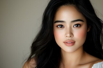 Fototapeta premium Young Asian woman with natural makeup, glowing skin, and flowing black hair against neutral background, expressing confidence and grace in soft lighting.