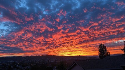 As the sun dips below the horizon, the sky erupts in a symphony of colors, blending fiery oranges and serene blues over a peaceful city. Fluffy clouds gather to form a stunning backdrop