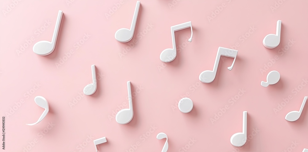 Poster light blue background with abstract pastel music notes and white space for text - 3d minimalist comp