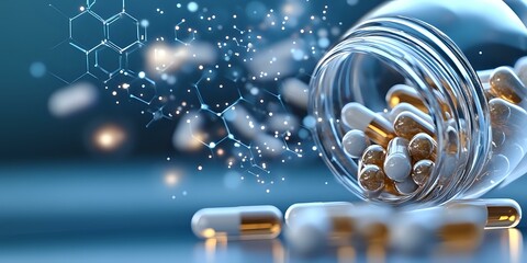 Fototapeta premium Medical capsules spilling from glass jar with glowing particles and molecular structure on blue background, pharmaceutical concept for healthcare and medicine.
