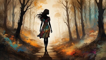 Fantasy Gemälde - Sepia Orange - Silhouette einer Frau