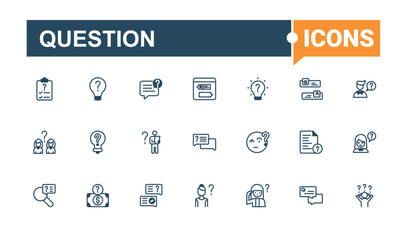 Question lined icons set. Includes thin line support, know, b, exam, think, unknown, element, web. Minimalistic icon. Solid line editable vector illustration.