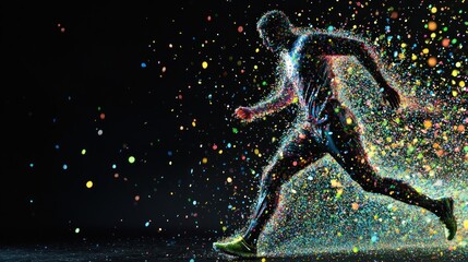 Energetic runner, colorful particles, dark background, motion blur, fitness