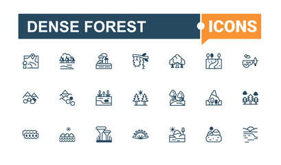 Dense Forest icon collection. It contains symbols to monkey, ant, panther, forest, art, wild, web and more. Flat UI icon design. Solid line editable stroke.