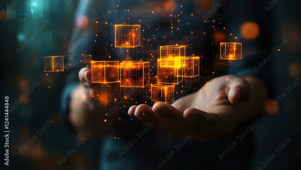 Poster glowing orange cubes float above open hands against dark background, representing digital transforma