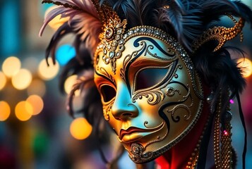 An elegant carnival mask adorned with gold and silver patterns, feathers and glitter. In the background, blurred lights and vibrant colors