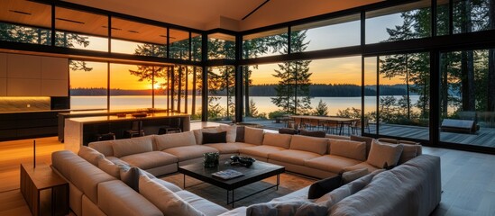 Fototapeta premium Sunset Lake House: Modern Architecture with Stunning Lake Views