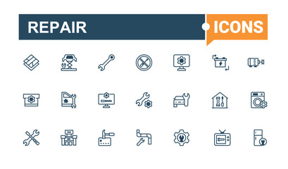 Repair line icons set. Includes icons for auto, repair, tool, assistance, element, recovery, ai and more. Minimalistic icons. Editable vector outline and solid icons.