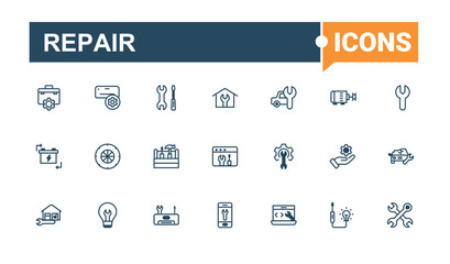Repair line icons set. Includes icons for auto, repair, tool, assistance, element, recovery, ai and more. Minimalistic icons. Editable vector outline and solid icons.