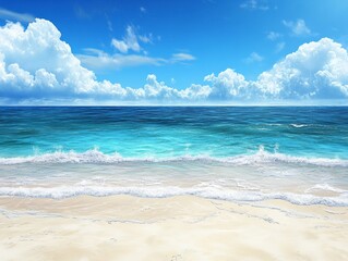 Obraz premium Serene beach with crystal blue water and fluffy white clouds under a bright sky