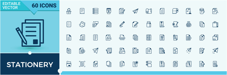 Stationery icons set in linear style. Includes icons for print, message, text, 5d, copy, business, letter and more. Simple line vector. Solid line editable stroke. Vector line and solid icons.