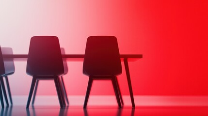 Obraz premium Minimalist office interior with empty chairs and a modern table against a soft red gradient backdrop