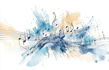 Naklejka premium A blue watercolor depiction of an old music sheet. The concept of blues music. An abstract background featuring blue watercolor
