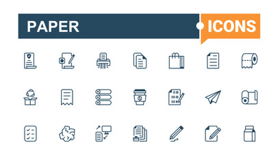 Paper icons set in linear style. Related to draw, wing, form, search, paper and more. Outline icon. Solid line editable stroke. Vector line and solid icons.