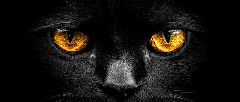 Mysterious black cat with striking orange eyes gazes into the distance, showcasing its unique features against a dark background - Powered by Adobe