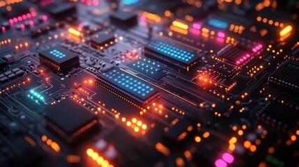 Obraz premium a close-up of a circuit board with glowing lights.