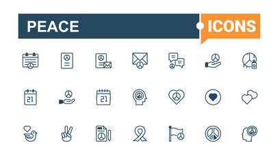 Peace linear icon collection. Contains related to day, free, peace, art, love, together, faith, silhouette. Symbol. Solid line editable stroke. Vector line and solid icons.