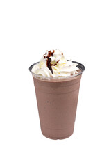 A clear plastic cup filled with a chocolate decadence, topped with whipped cream and a drizzle of...
