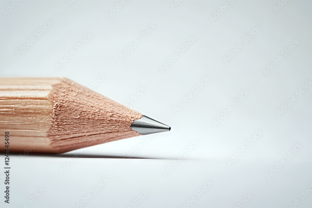 Poster sharp wooden pencil tip macro shot on white background with soft shadow and selective focus, minimal