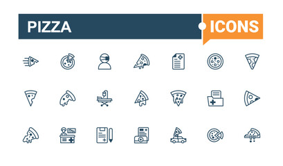 Pizza minimal icon set. Includes icons for graphic, eat, pepperoni, restaurant, burger, menu. Thin outline icons pack. Editable vector outline and solid icons.