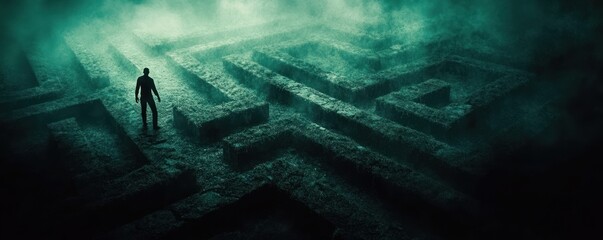 Man facing stone maze, foggy background, choice concept