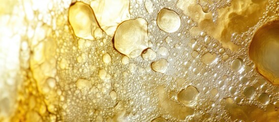 Golden liquid surface bubbles close-up, illuminated background, abstract texture
