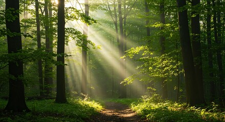 Fototapeta premium Sunlit Lush Green Forest with Radiant Beams Through Trees