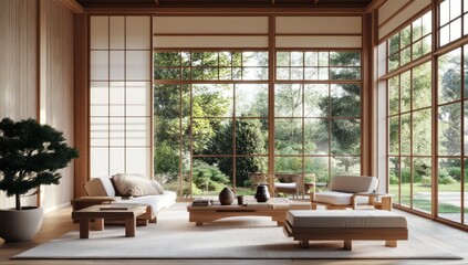 Fototapeta premium Serene Minimalist Japanese-Inspired Living Room Design