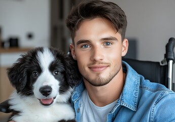 A young man with a friendly smile sits in a wheelchair, happily holding a fluffy border collie puppy