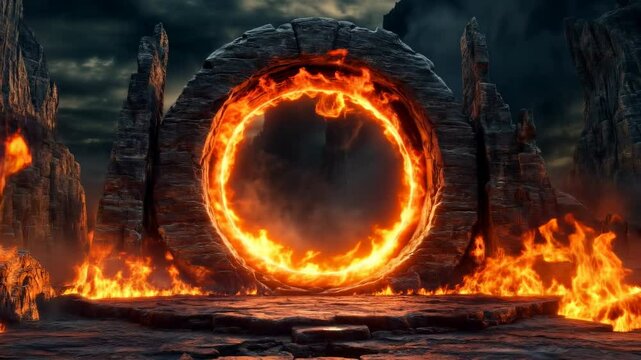 Fiery Portal to Hell in Fantasy Landscape with Volumetric Light and Flames
