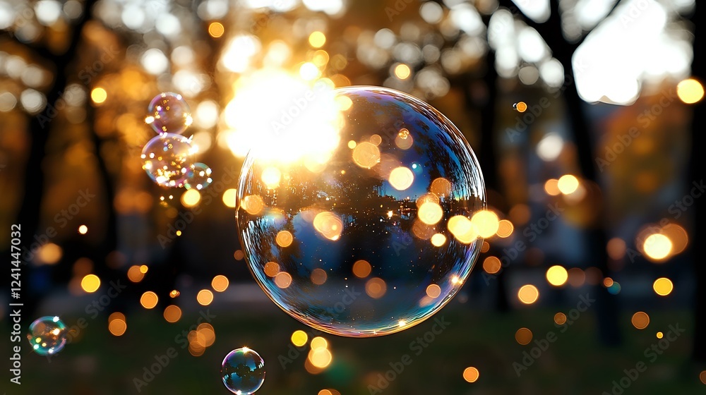 Poster floating soap bubble against sunset with golden bokeh lights in background, creating magical atmosph