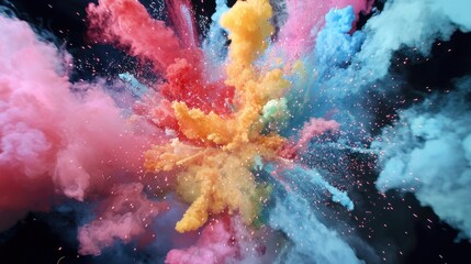 Fototapeta premium Vibrant Explosion of Colorful Smoke and Dust in Dramatic Burst Against Dark Background