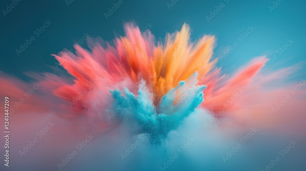 Poster vibrant explosion of colorful powder against a soft blue background creating an artistic abstract de