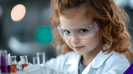 Young girl in lab coat and safety glasses conducting science experiment with colorful liquid solutions in test tubes, representing STEM education and discovery.