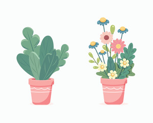 Garden flowers in flower pot on white background. Vector illustration in flat drawn cartoon style