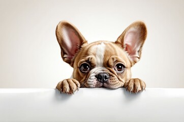 Cute adorable domestic curious pet dog animal puppy with its paws peeking over a white surface, photorealistic illustration on isolated background texture design.
