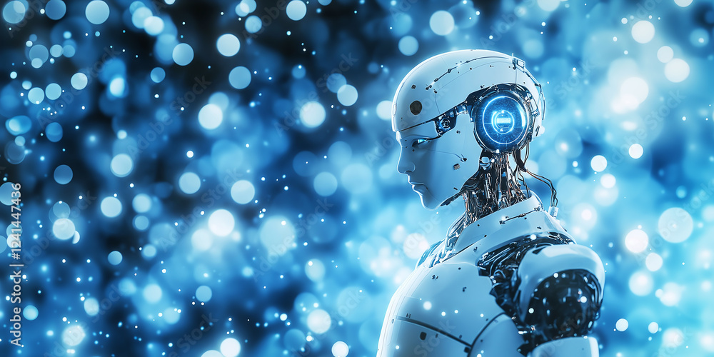 Poster close-up of a futuristic humanoid robot with glowing blue circuitry, set against a blurred backgroun