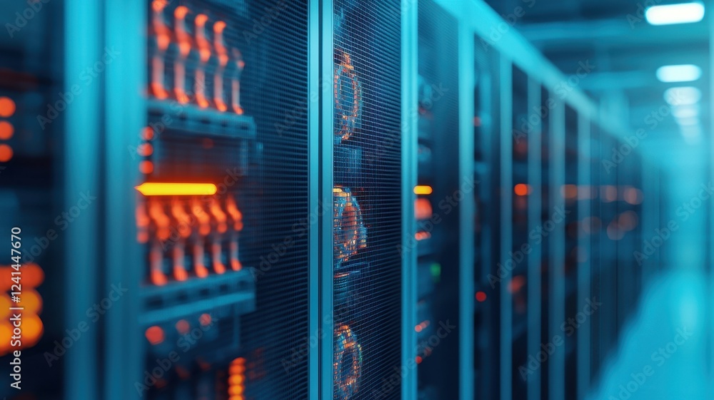 Poster a close-up view of illuminated server racks in a data center, showcasing technology and connectivity