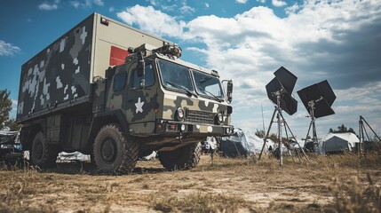 Camouflaged military truck, field hospital, satellite comms, outdoor event