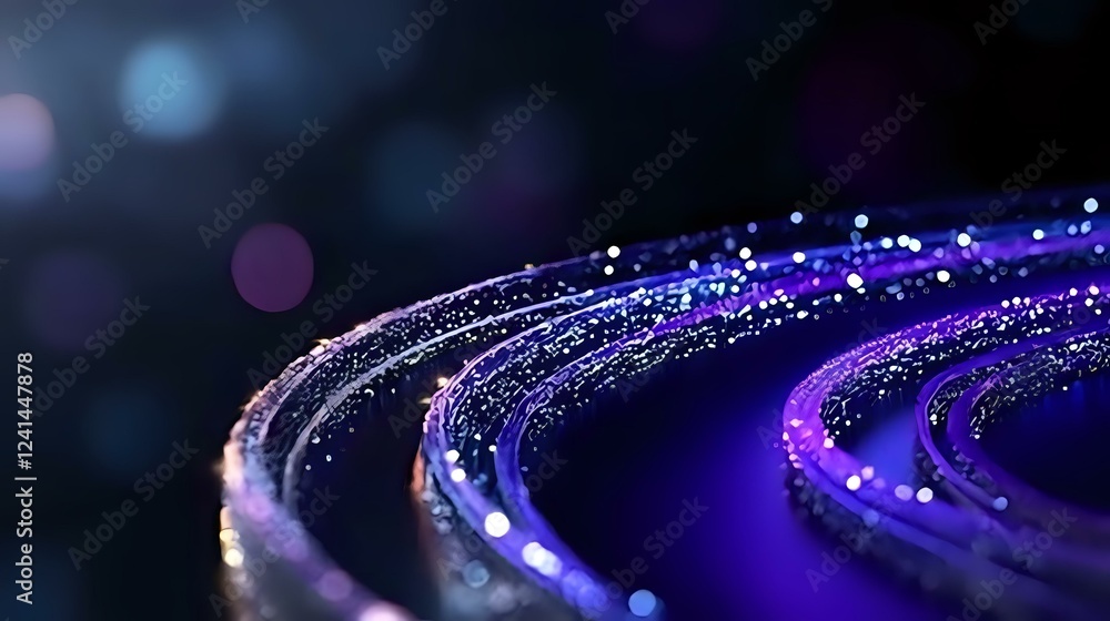 Poster glowing curved lines with sparkles and bokeh effects in deep purple and blue colors create magical a