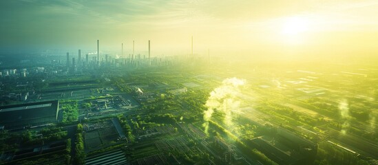 Obraz premium Aerial Sunset View Industrial Park, Green Landscape, Pollution