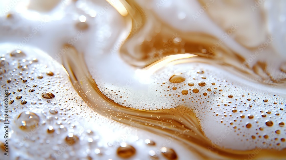 Poster creamy coffee and milk swirl pattern with bubbles and foam creating abstract waves in warm brown and