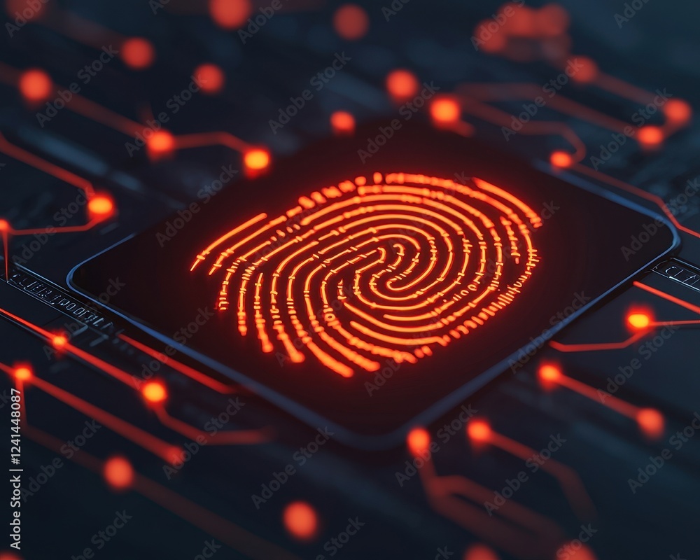 Aufkleber a glowing red fingerprint is displayed on a dark circuit board background, symbolizing digital secur