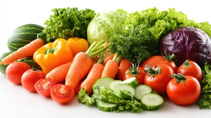 Fresh assortment of colorful vegetables arranged on a white background, showcasing health and nutrition