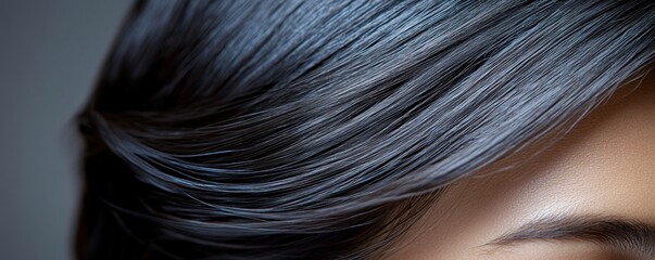 Naklejka premium Woman's dark sleek hair, close-up, studio shot, gray background, haircare ad