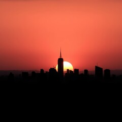 Obraz premium Silhouettes of people in a business meeting inside an office with a vibrant colorful background during the evening sunset silhouetted skyline cityscape architecture illustration building city vector